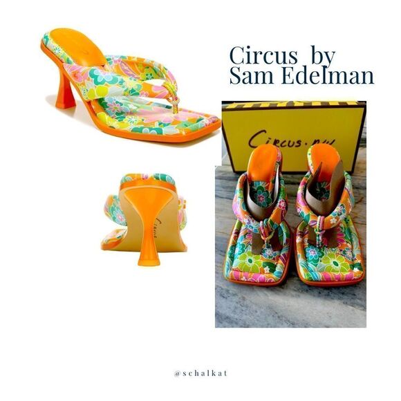Skeet Slide Sandals, Circus by Sam Edelman, Orange Tropical Flower Square Toe - Picture 1 of 12